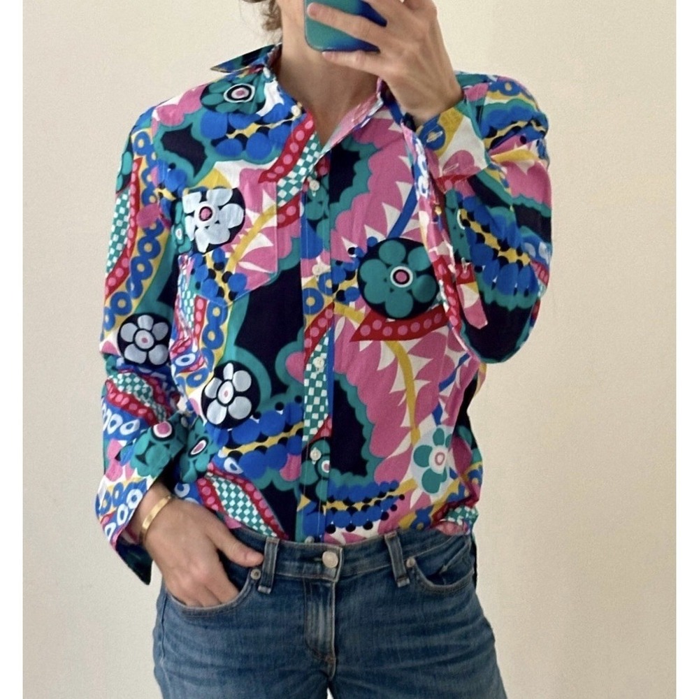 J.Crew Ratti Kaleidoscope Women's Long Sleeve Graphic Colorful Button Down Sz‎ 8